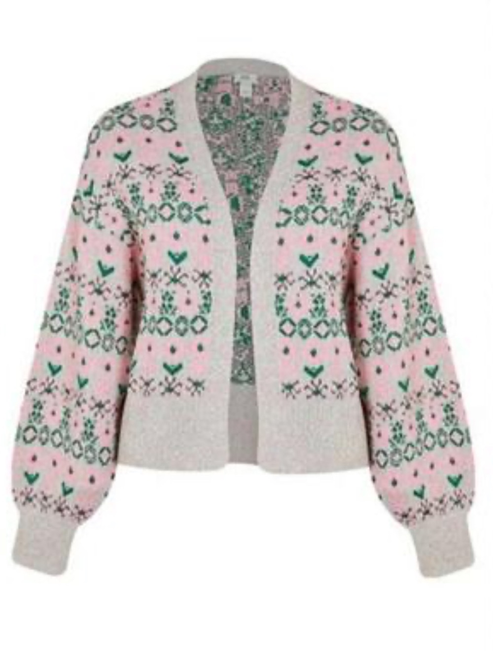 River Island Pink Grey Fair Isle Knit Boxy Cardigan Sweater Cottagecore Small